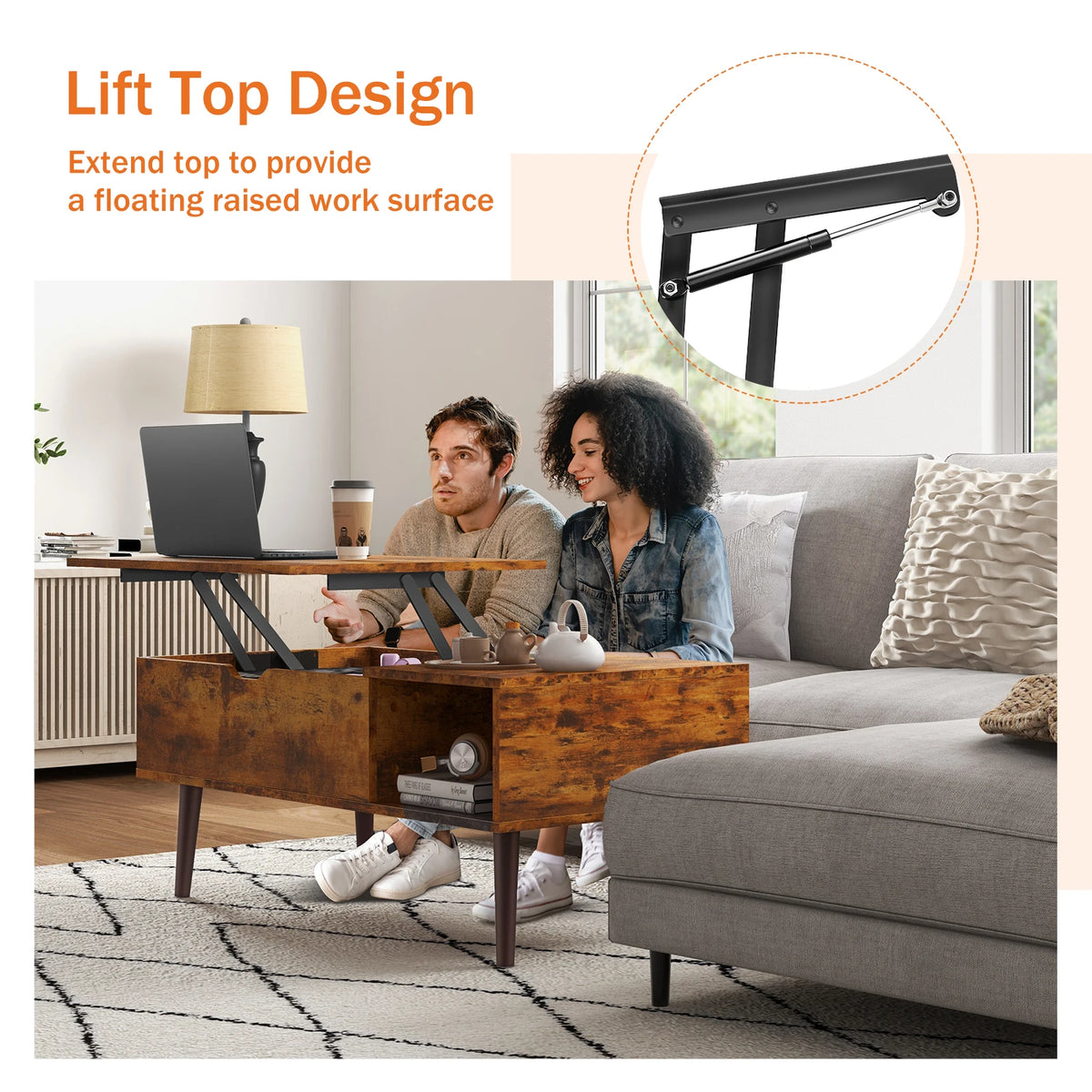 JHK Lift Top Coffee Table With Storage Shelf