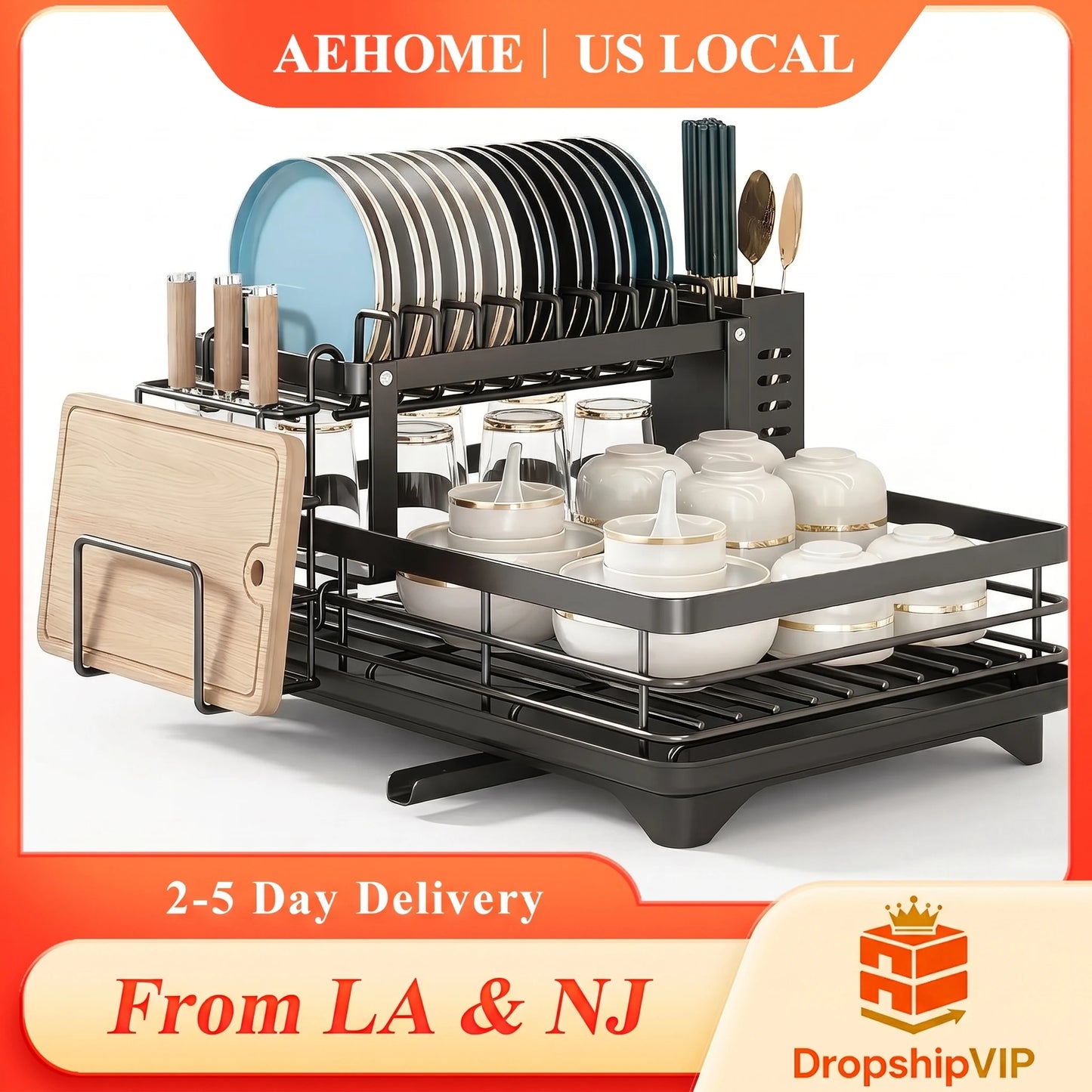AEHOME 2-Tier Expandable Dish Drying Rack With Drainboard