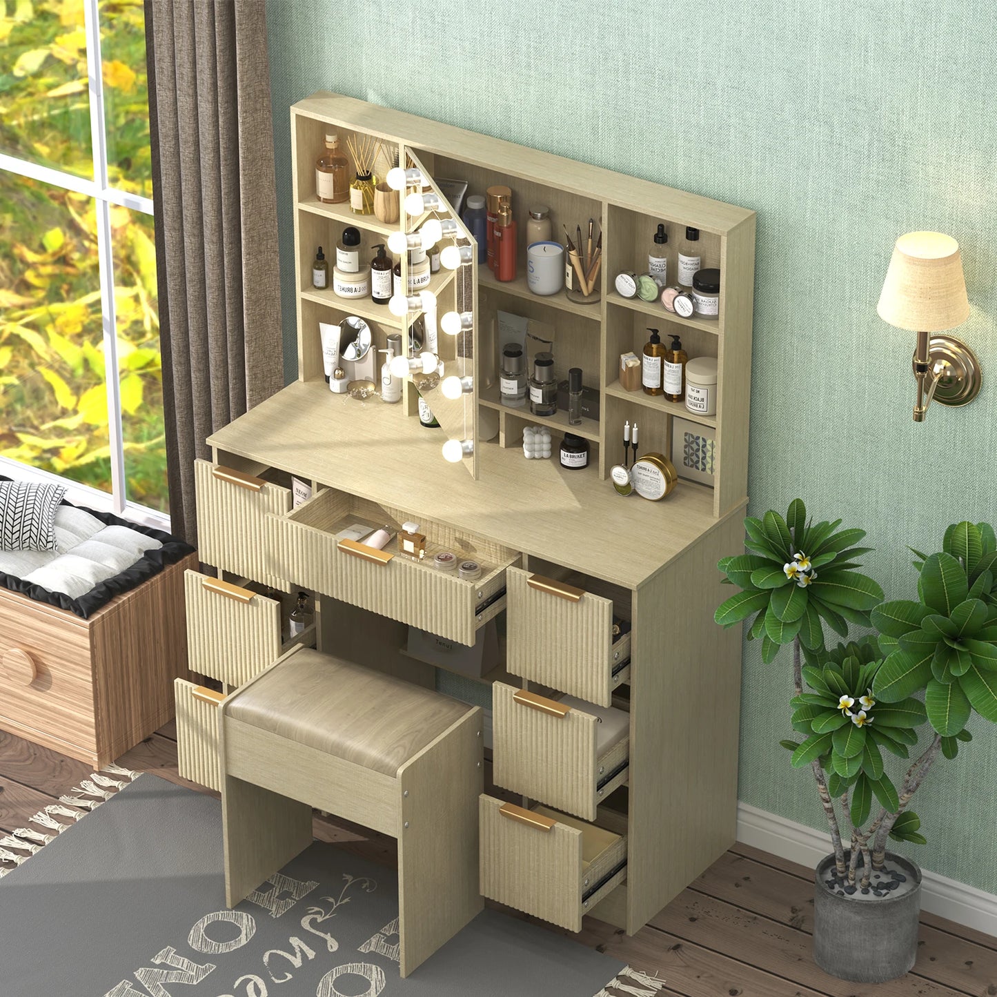 Teousev Makeup Vanity Desk With LED Mirror And Stool