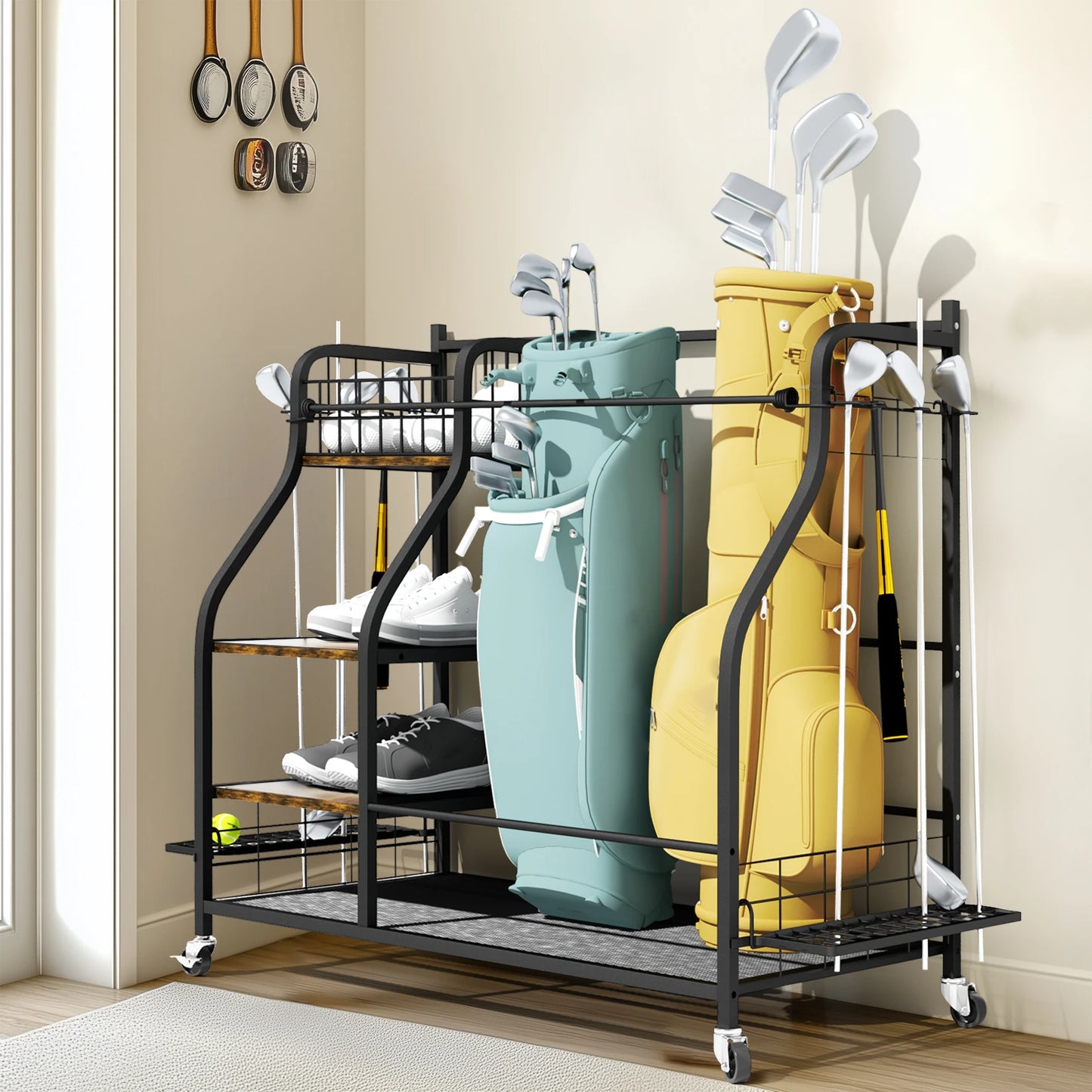 Metal Rolling Golf Bag Storage Rack With Wheels