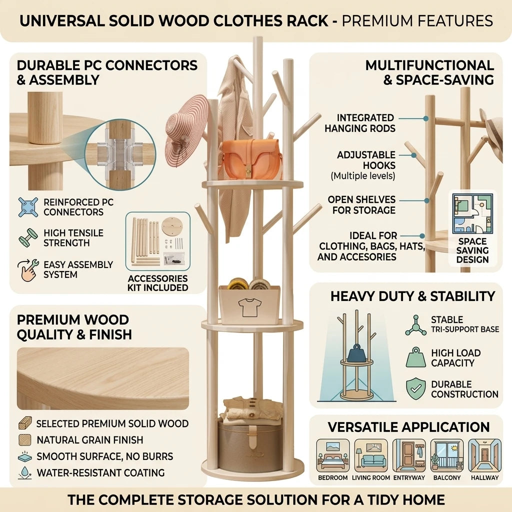 Multifunction Solid Wood Clothes Rack Organizer
