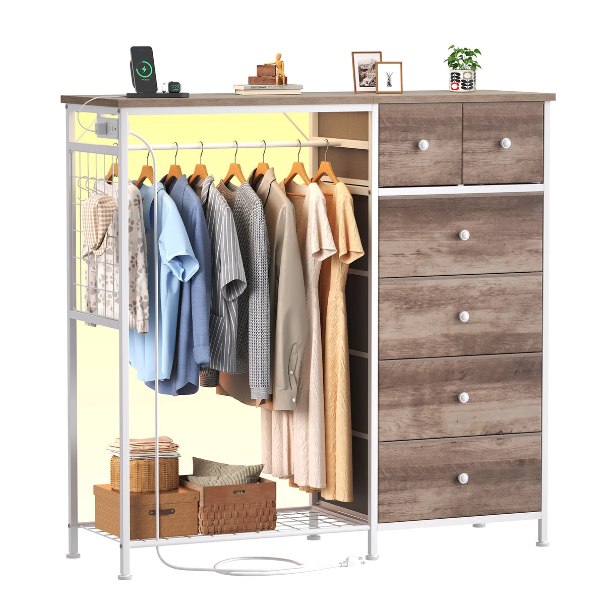 JHK Fabric Dresser With Charging Station And LED Lights