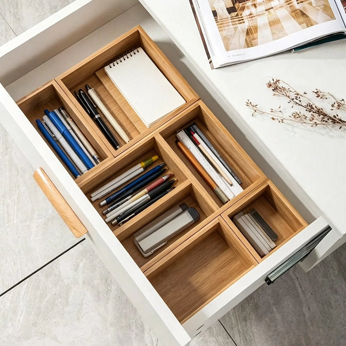 Natural Bamboo Drawer Organizer Set With Dividers And Mats