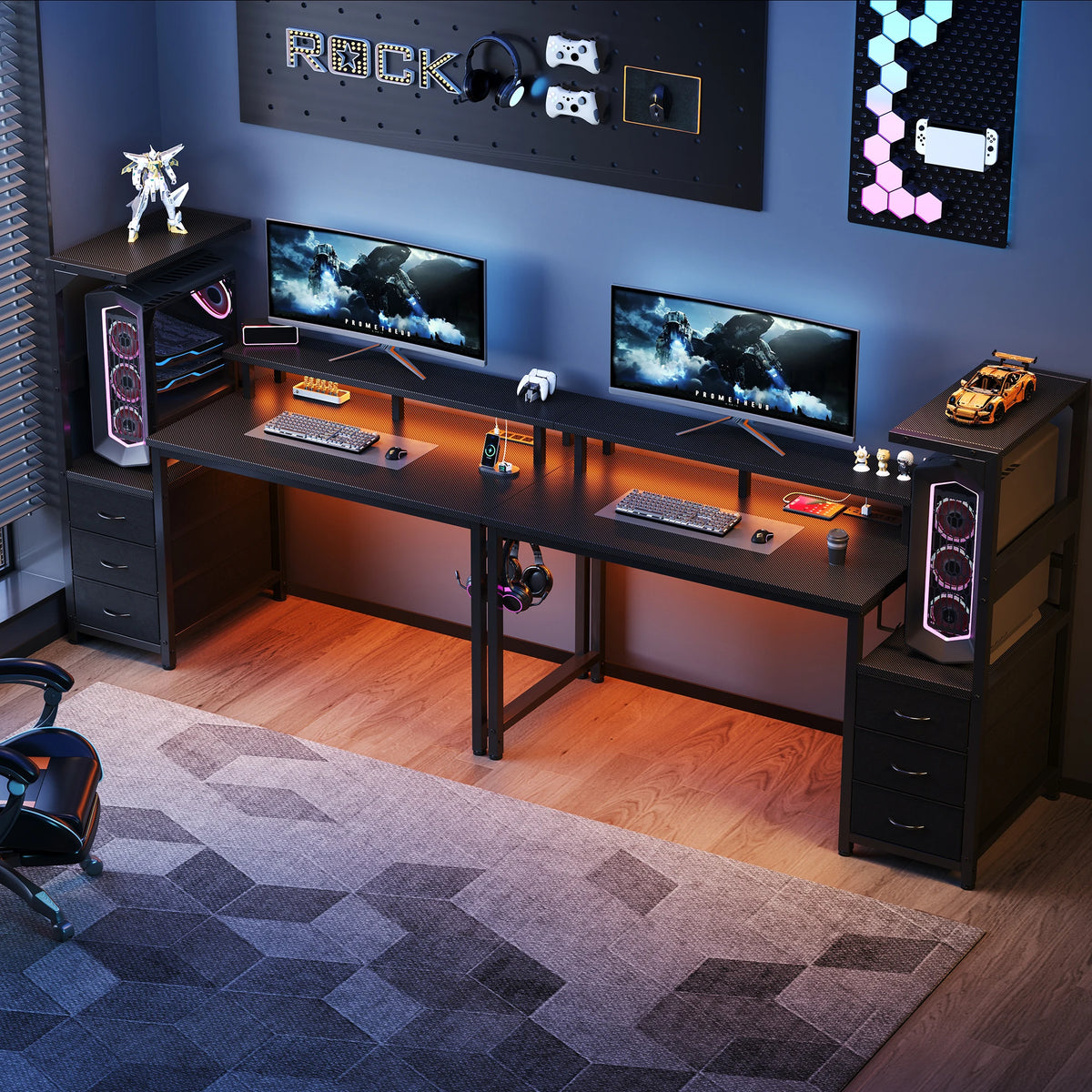 JHK Gaming Desk With Storage Drawers And LED Lights