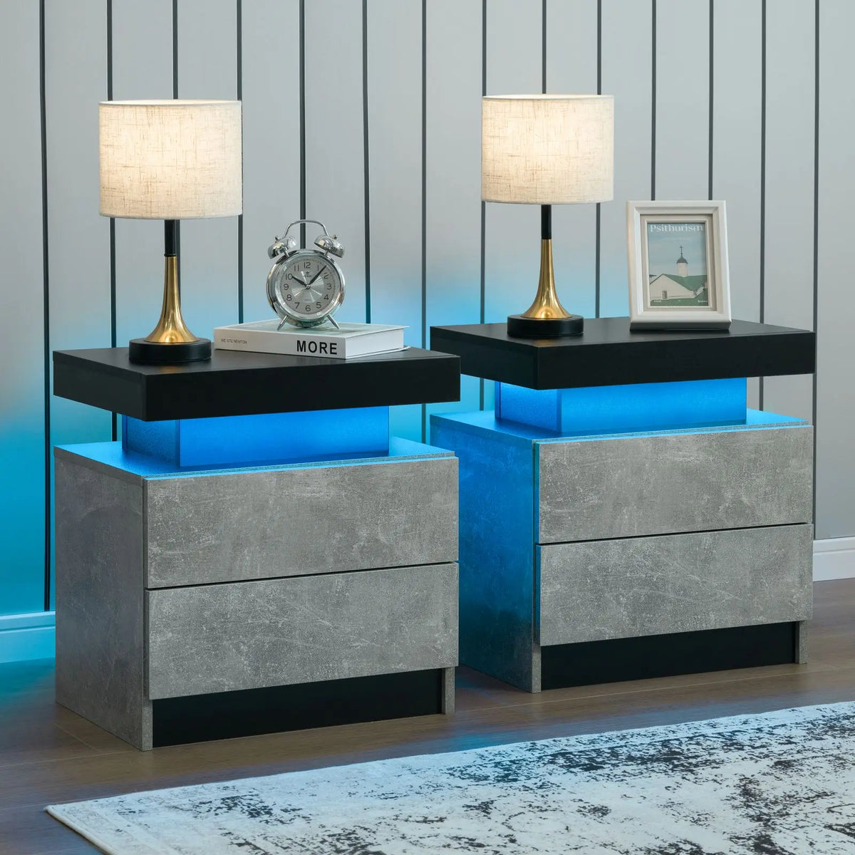 Cubehom Nightstand Set Of 2 With LED Drawers Bedside Tables