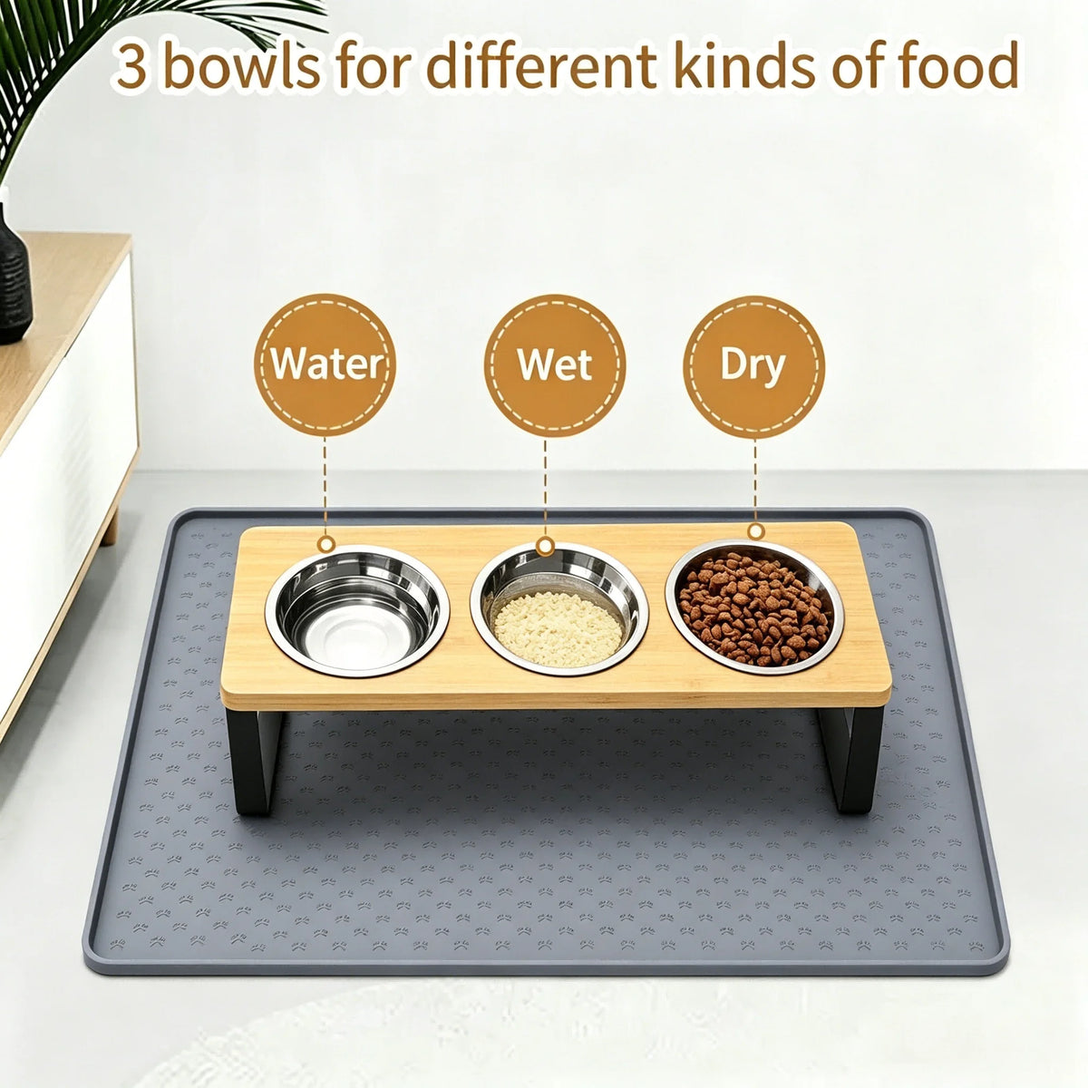 Elevated Cat Feeder With 3 Bowls And Tilted Bamboo Stand