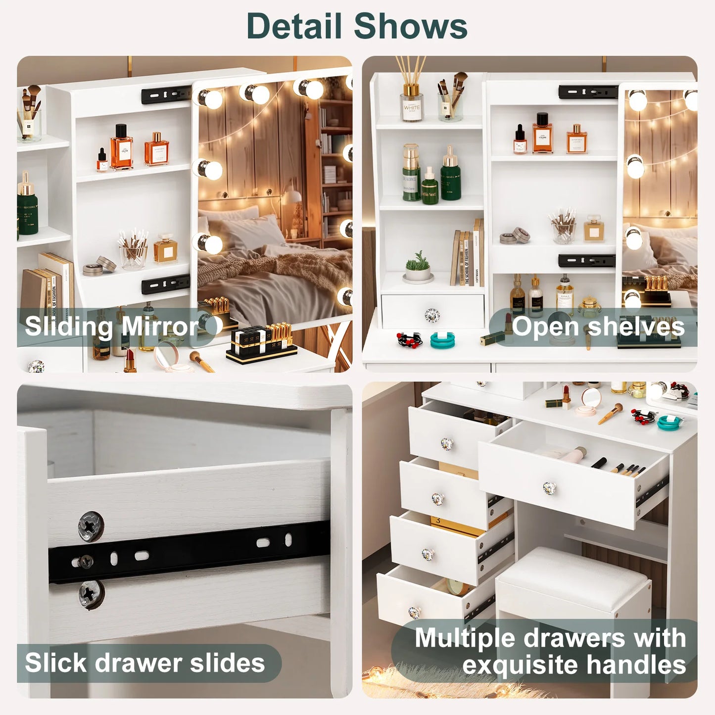 Teousev Modern Wooden Vanity With Led Lights And 6 Drawers