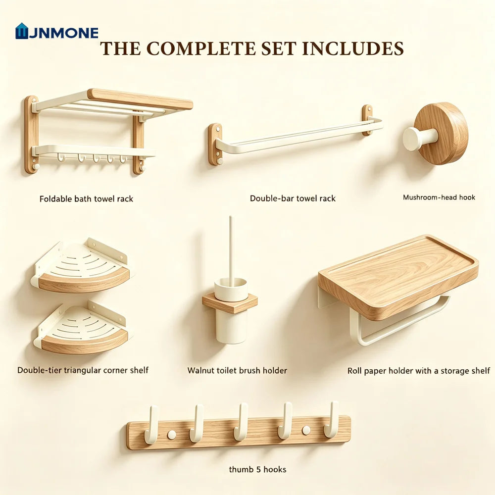 White Walnut Wood Bathroom Hardware Set Towel Rack Organizer Shelf Toilet Brush Holder Wall Mounted Bathroom Accessories Kit