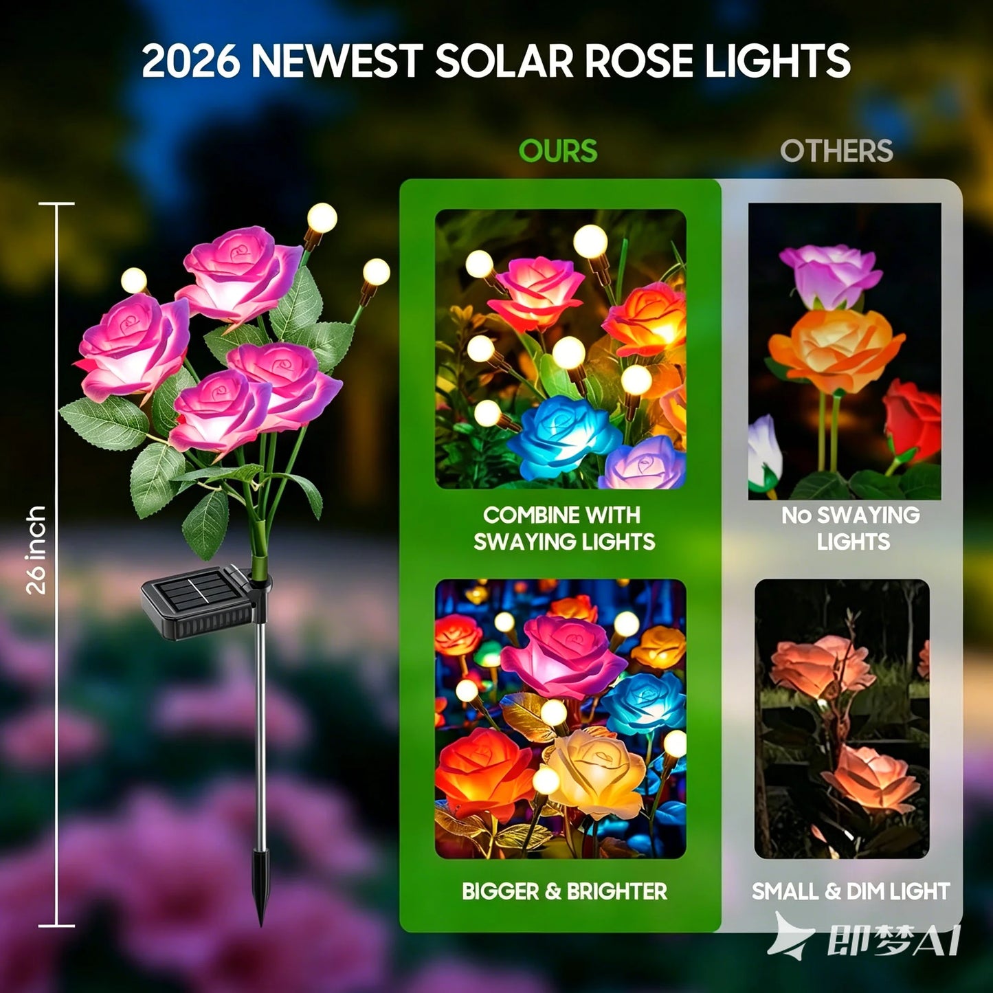 Outdoor Solar Rose Lights With LED Flower Heads