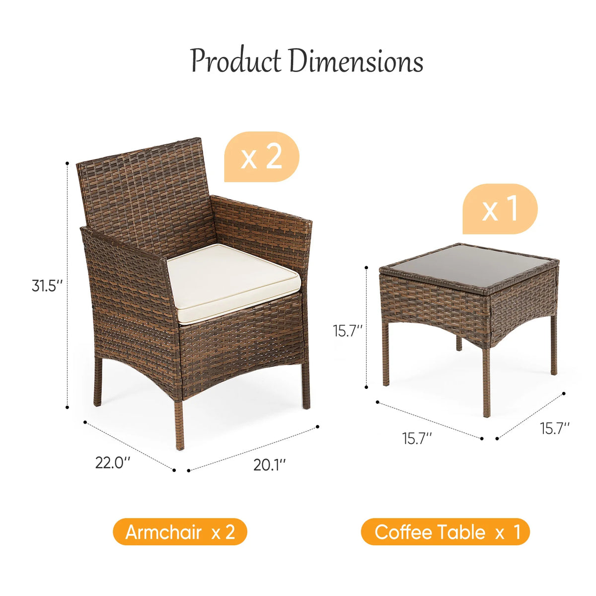 JHK 3-Piece Outdoor Patio Set Wicker Rattan With Glass Table