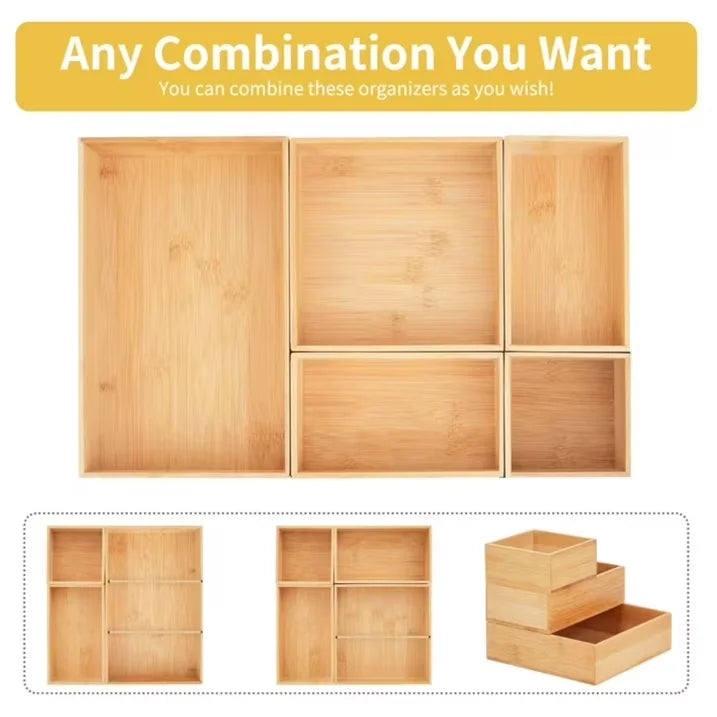 Natural Bamboo Drawer Organizer Set With Dividers And Mats