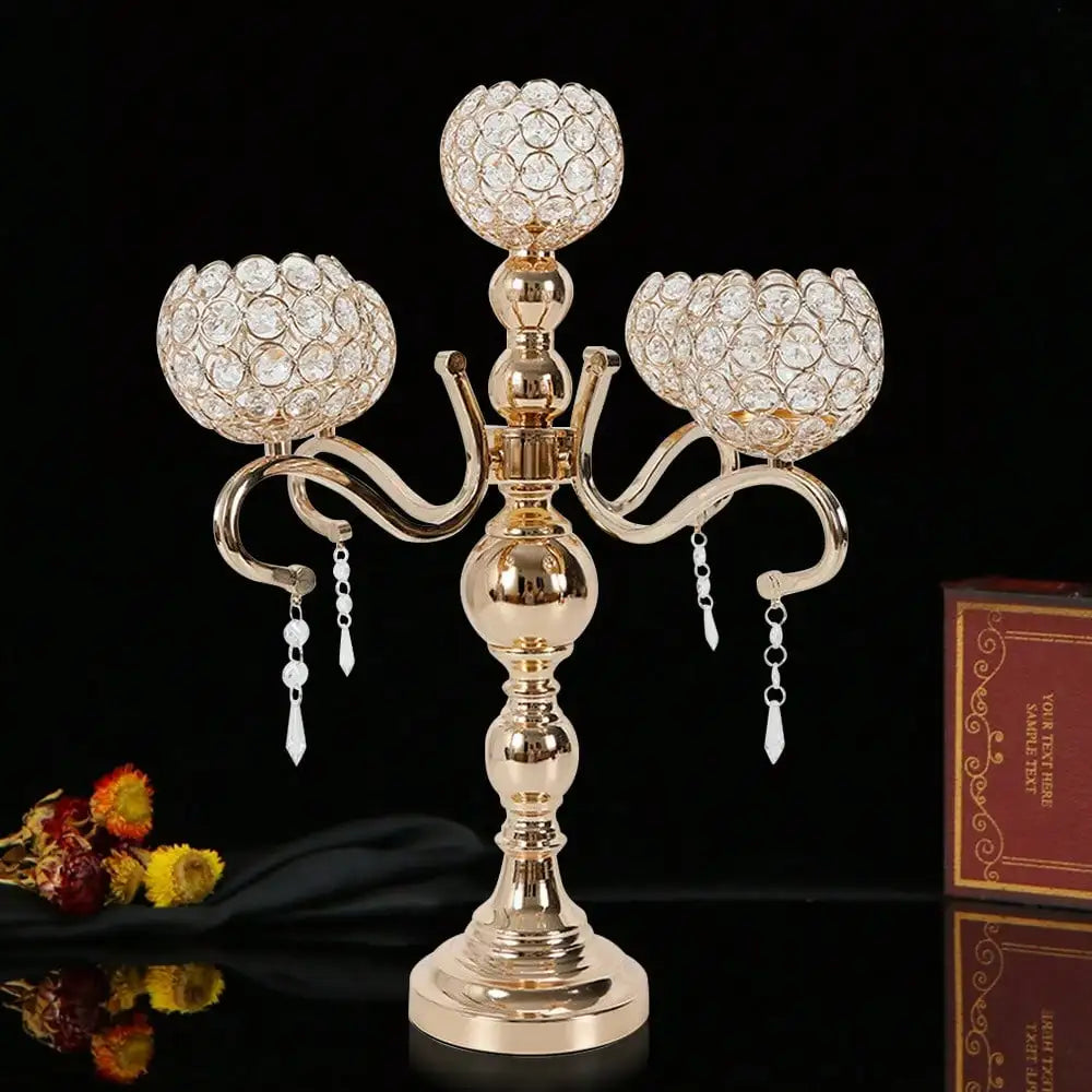 Gold Plated 5-Arm Crystal Tabletop Candle Holder, Electroplated Iron Glass Acrylic Candelabra With Stable Round Base, Modern Desktop Candle Stand For Wedding, Dinner Party, Home Decor & Holiday Housewarming Gift