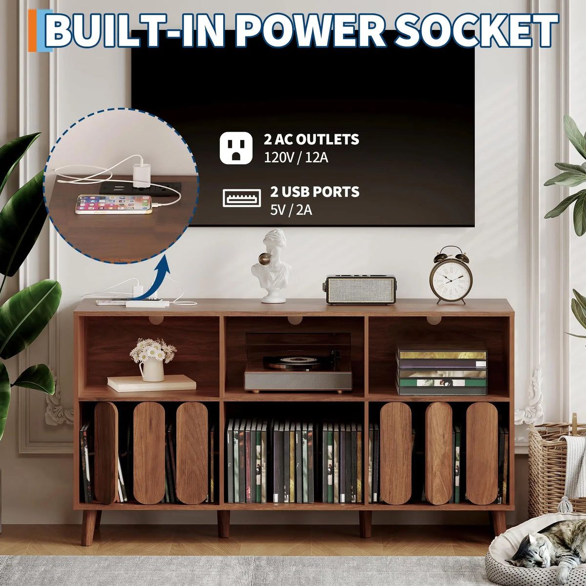 HiMISS Vinyl Record Storage Cabinet With Charging Station
