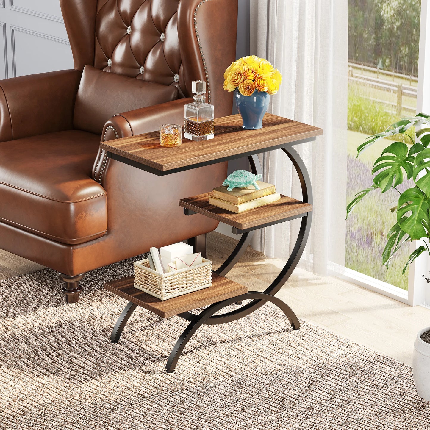 Tribesigns C-Shaped End Table With Storage Shelves
