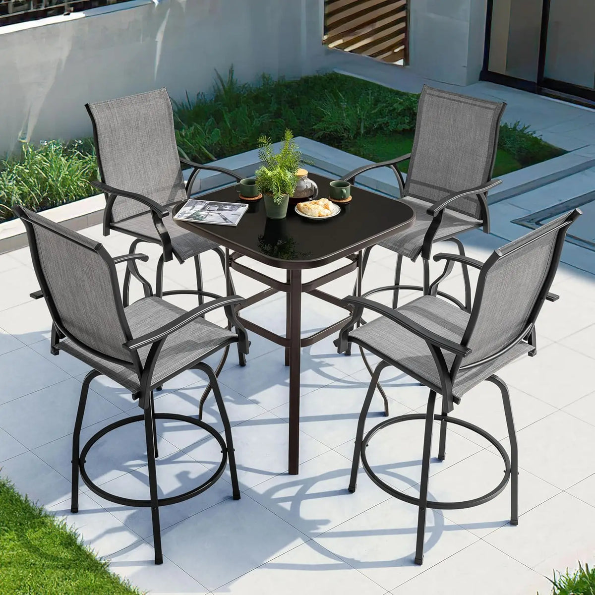 Outdoor Glass Table Bar Set With Swivel Stools