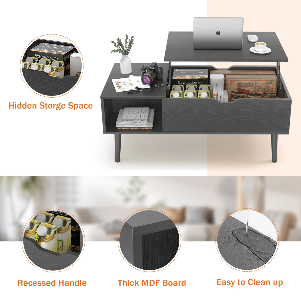 JHK Lift Top Coffee Table With Storage Shelf