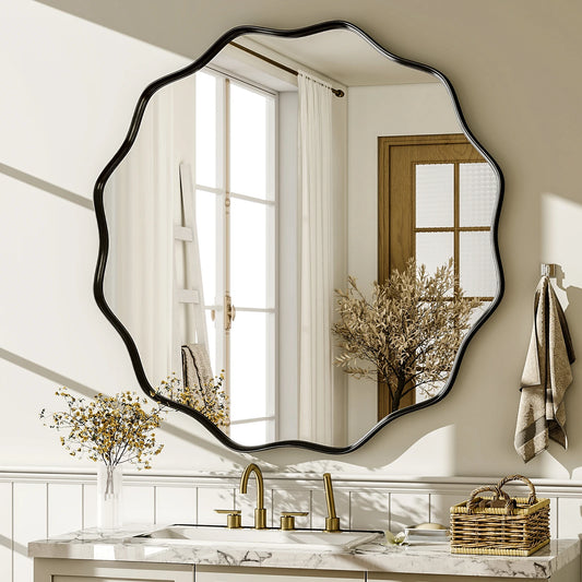 BEAUTYPEAK Wavy Round Decorative Bathroom Wall Mirror