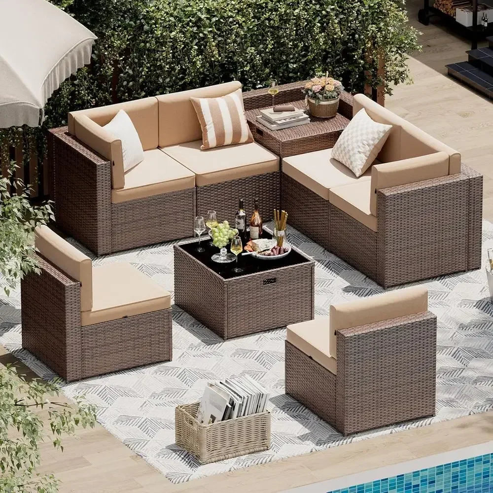 Outdoor Wicker 8 Piece Patio Set With Storage Table