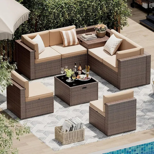 Outdoor Wicker 8 Piece Patio Set With Storage Table