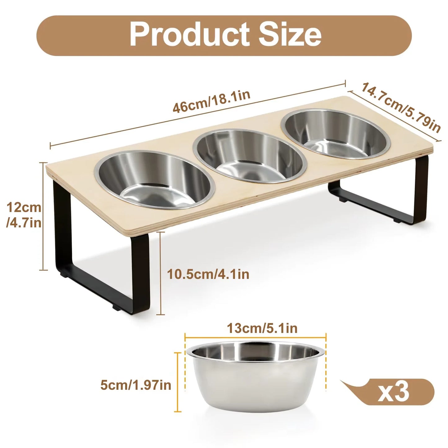 Elevated Cat Feeder With 3 Bowls And Tilted Bamboo Stand