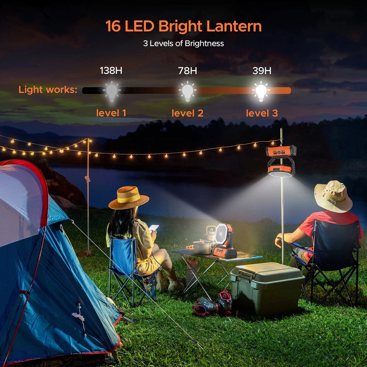 Camping Fan 20000mAh Battery Powered Tent Fan With LED Light