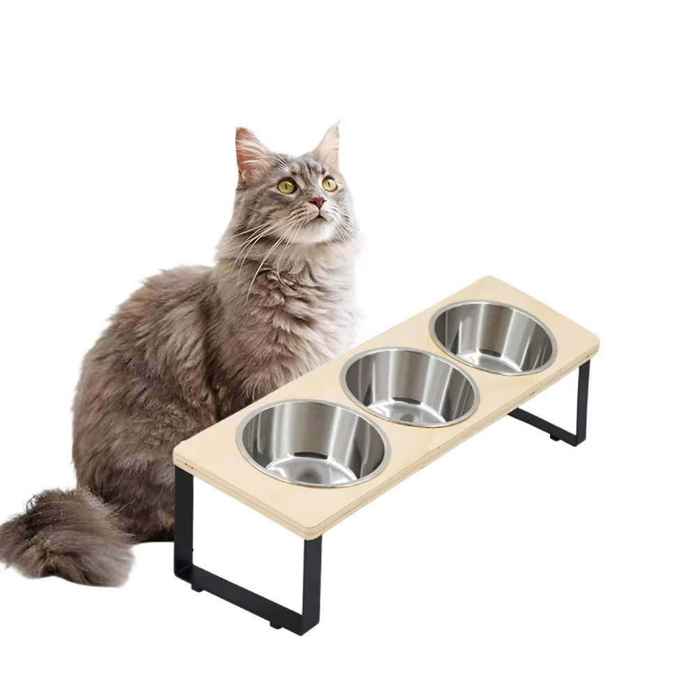 Elevated Cat Feeder With 3 Bowls And Tilted Bamboo Stand