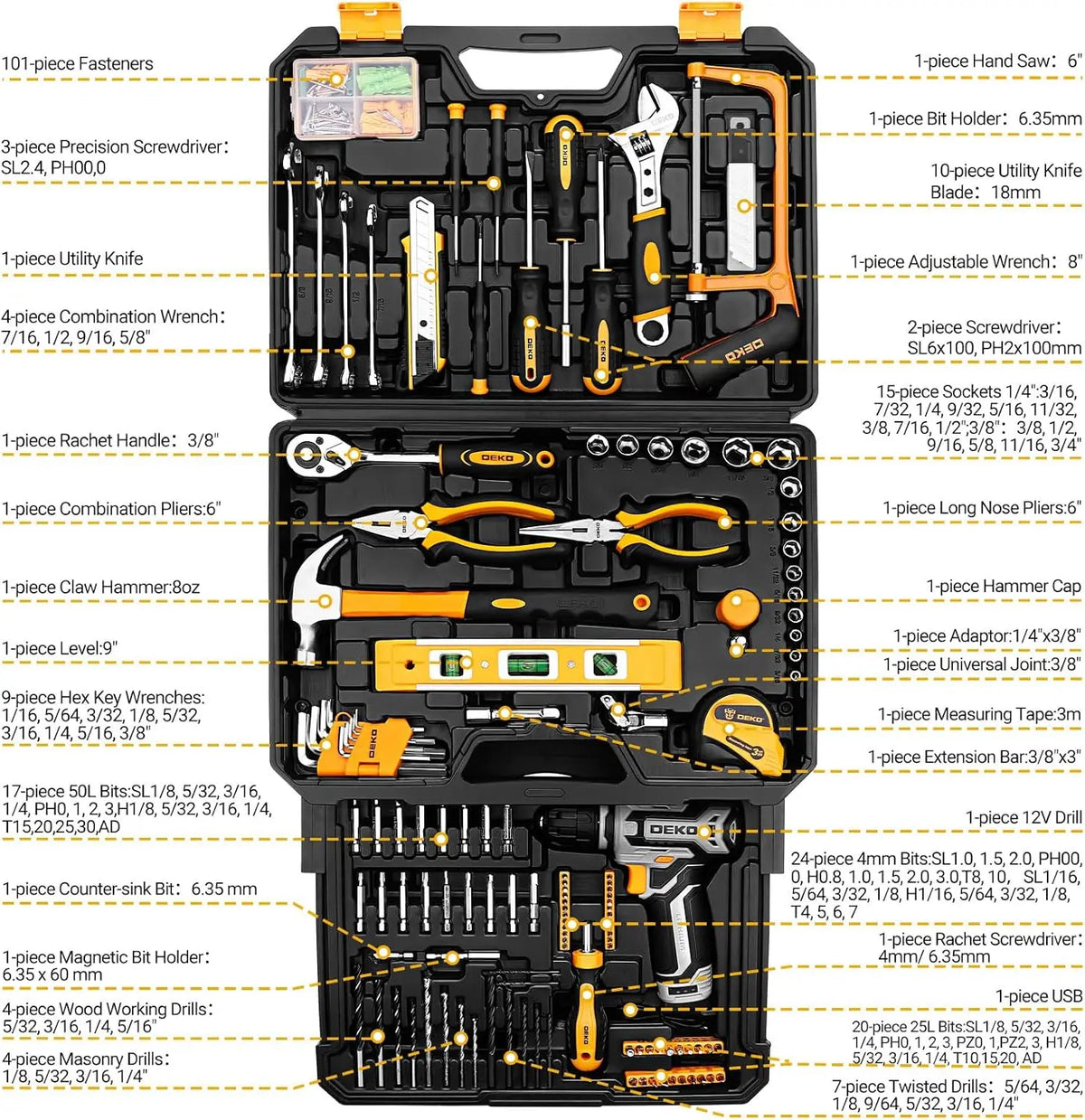 DEKO Home Mechanic Toolbox with 12V Power Cordless Drill Hand Repair Tools Sets Combo Kits Storage Organizer Drawer Case