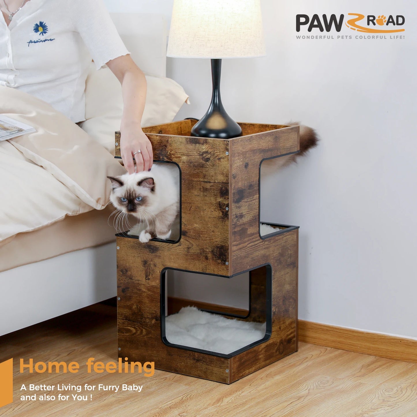 PAWZ Road Cat Condo Wood Bed With Scratching Pad