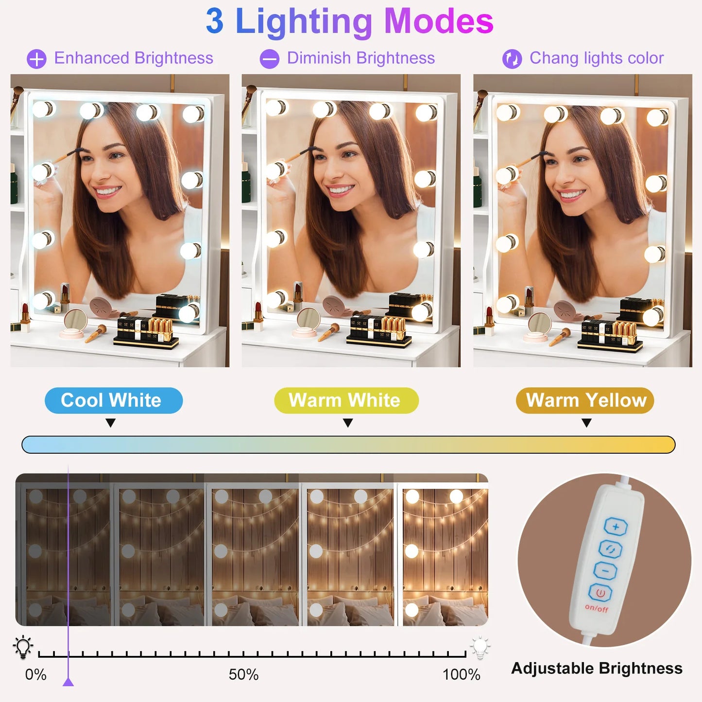 Teousev Modern Wooden Vanity With Led Lights And 6 Drawers