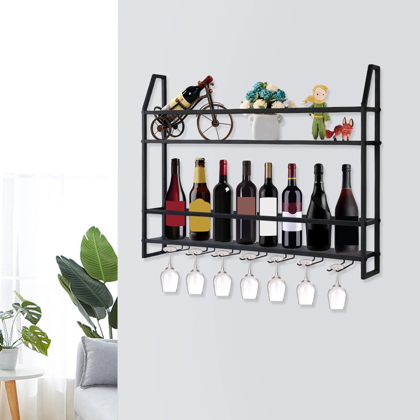 Wall Mounted Wine Rack With Goblet Holder And Shelf