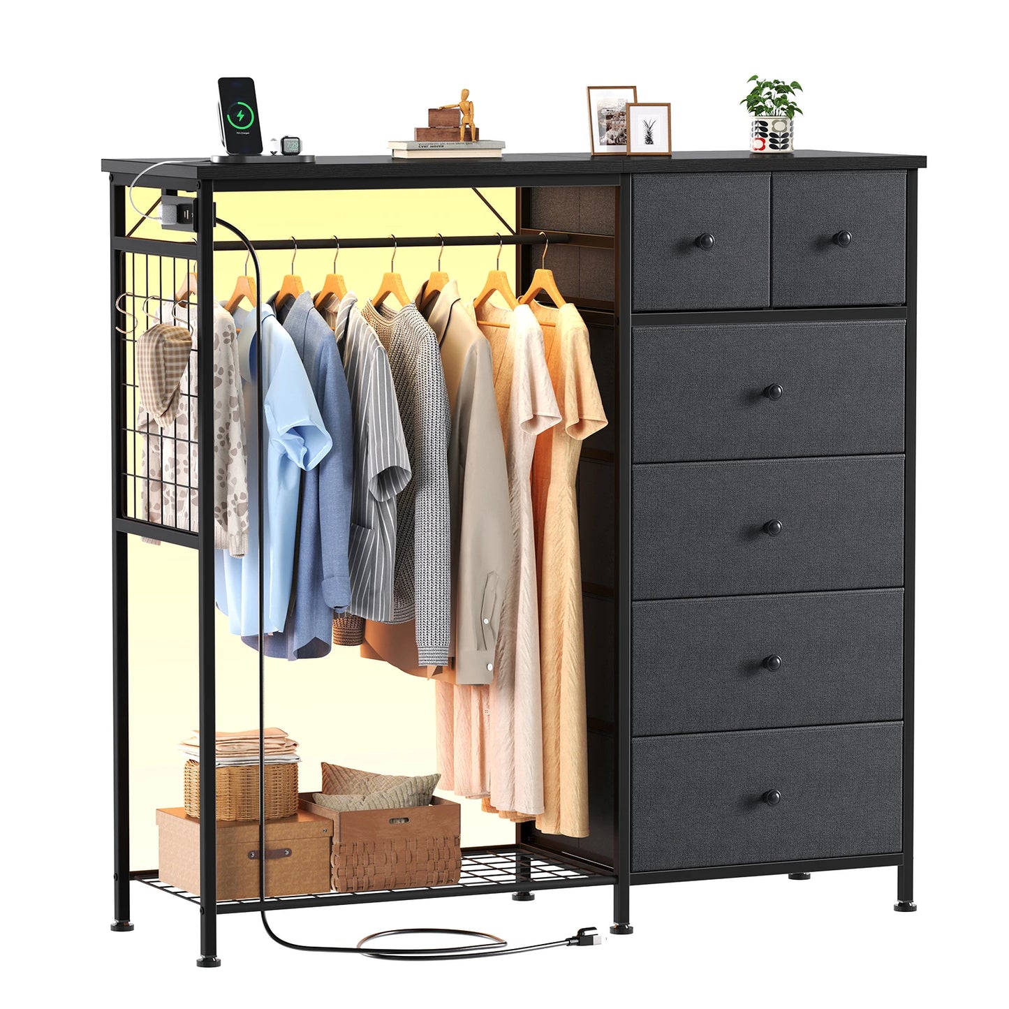 JHK Fabric Dresser With Charging Station And LED Lights
