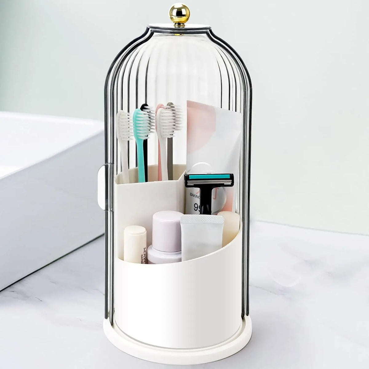 Sliding Lid Rotating Toothbrush Holder Organizer for Bathroom