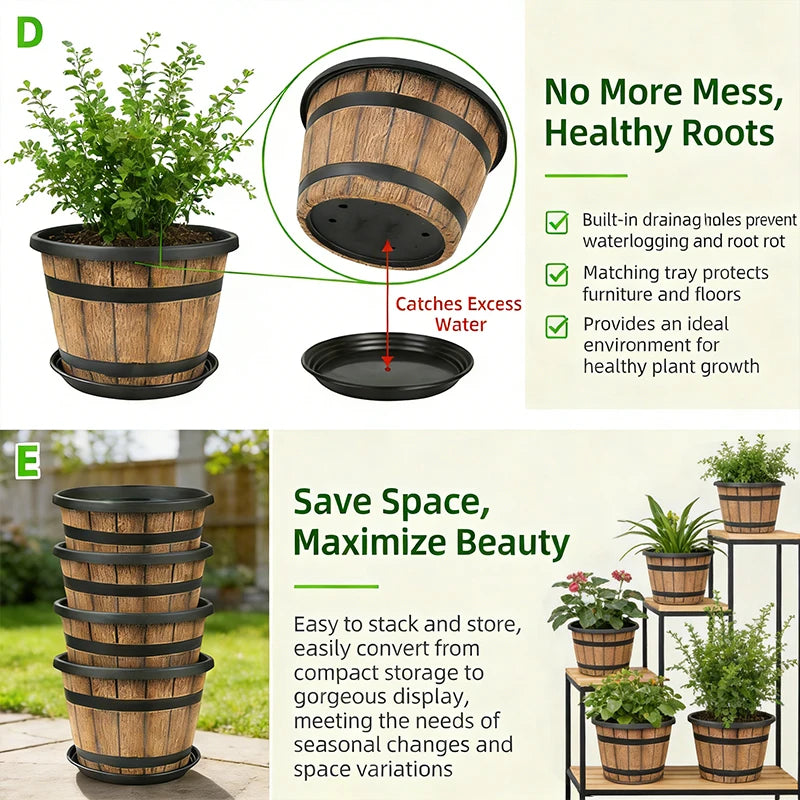 Resin Wooden Barrel Plant Planter For Indoor Balcony Decor