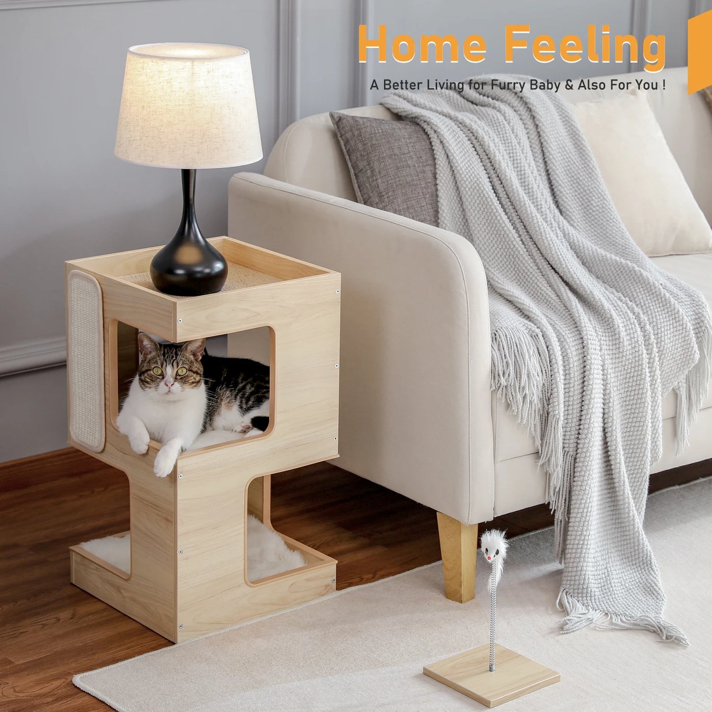 PAWZ Road Cat Condo Wood Bed With Scratching Pad