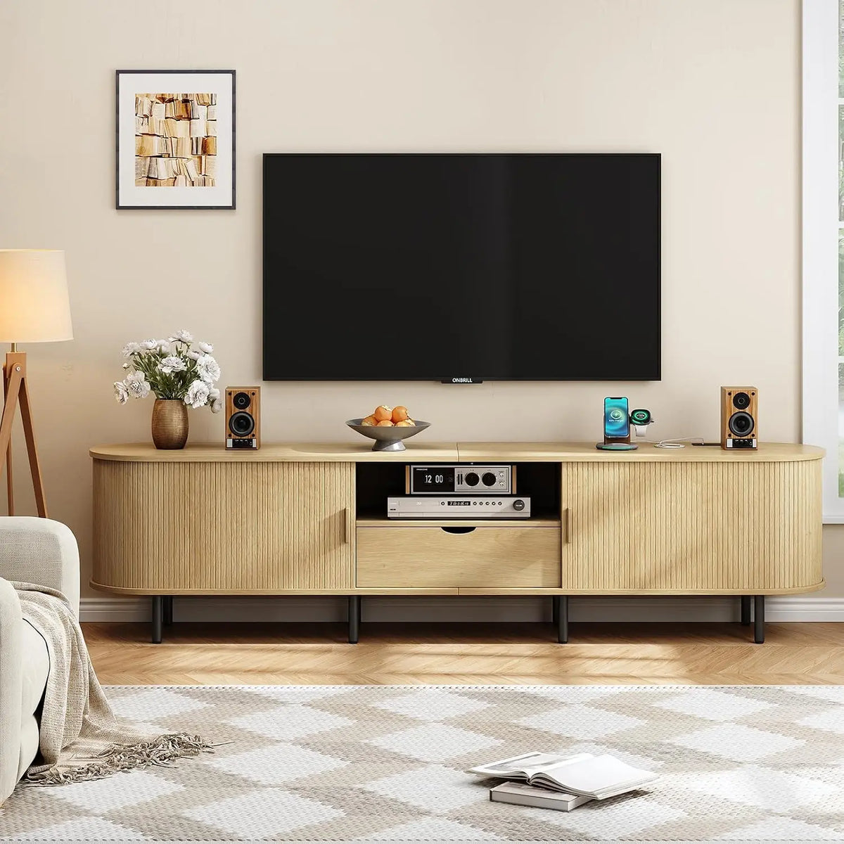 ONBRILL Mid Century Wood TV Stand With Power Outlets