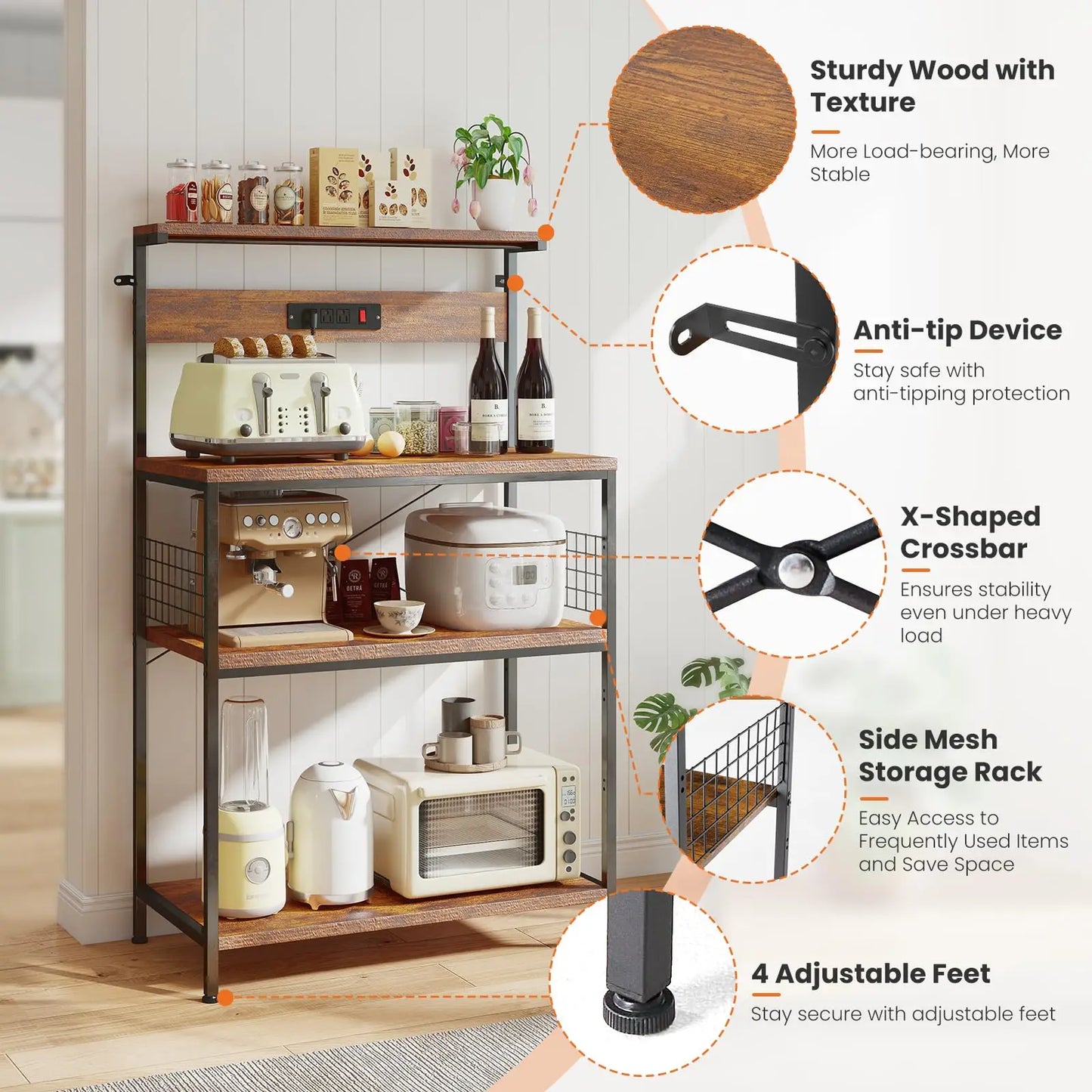 JHK Kitchen Bakers Rack Power Outlet Microwave Stand