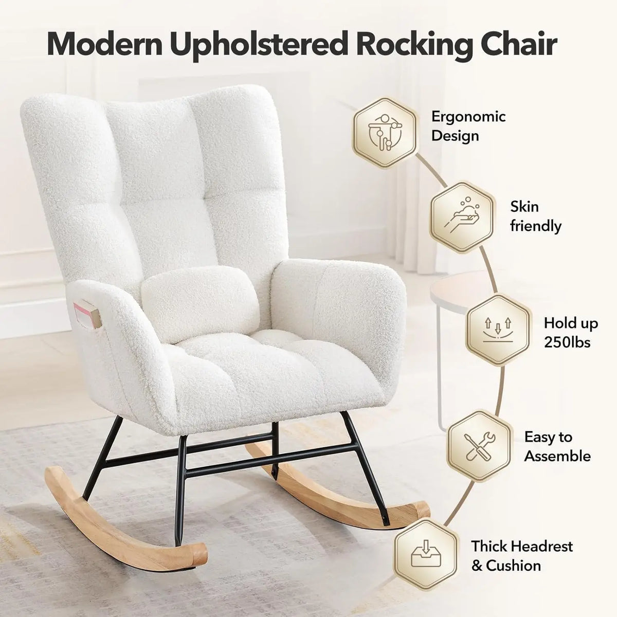 Studyset Modern Upholstered Nursery Rocking Chair Pocket