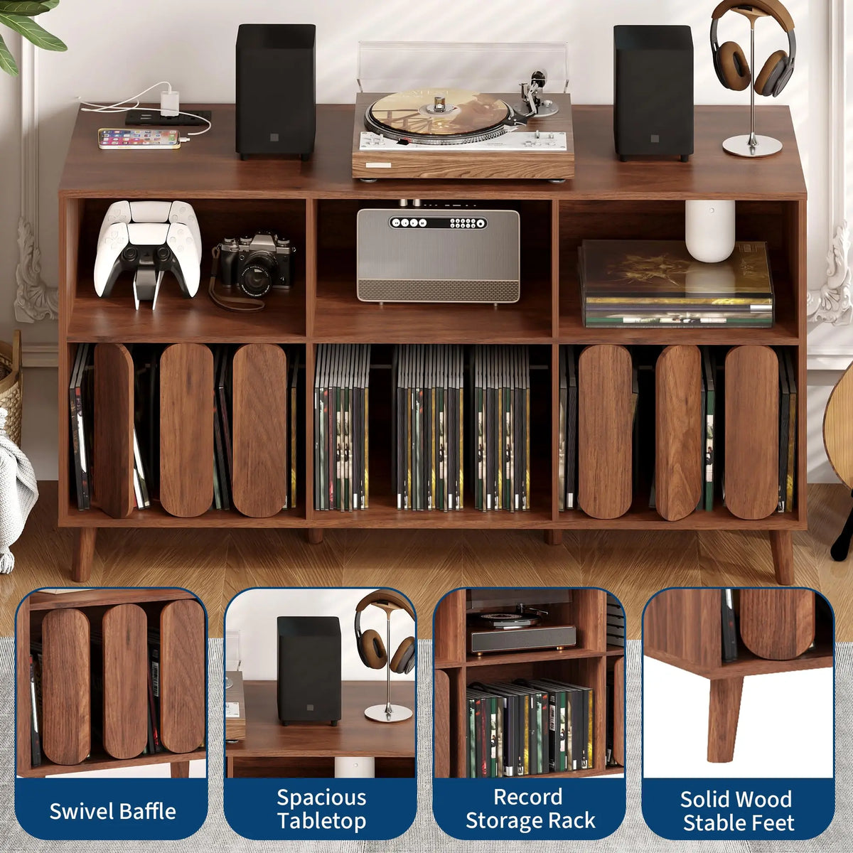 HiMISS Vinyl Record Storage Cabinet With Charging Station