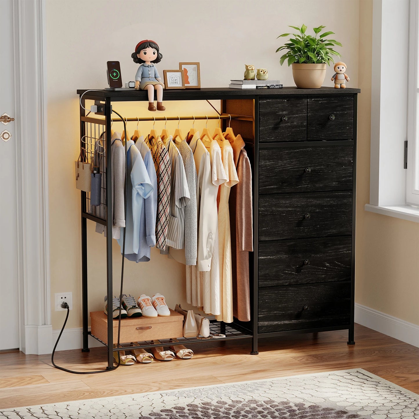 JHK Fabric Dresser With Charging Station And LED Lights