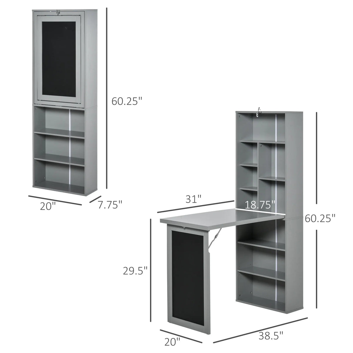 Homcom Fold-Out Convertible Office Desk, Wall Mount Computer Desk with Blackboard and Side Shelf, Charcoal Gray