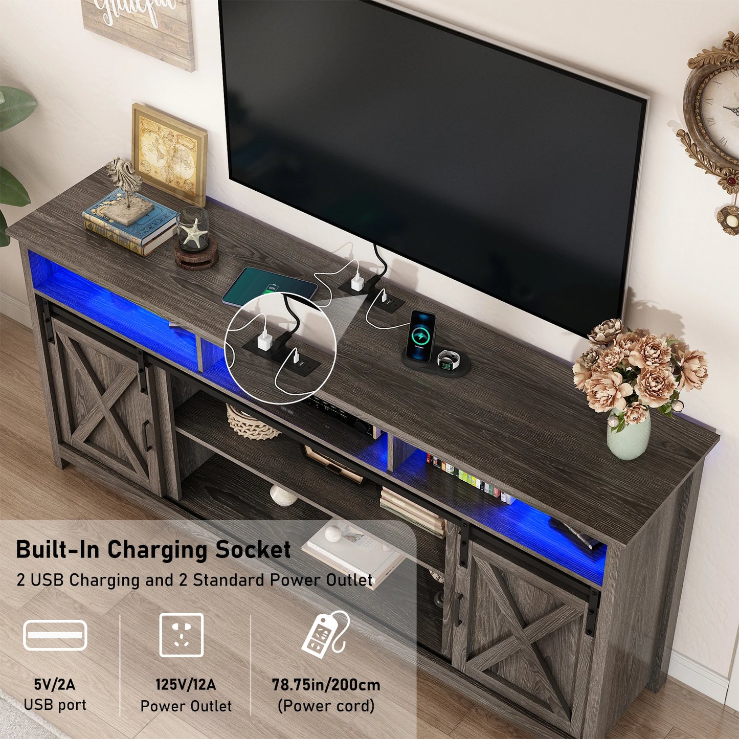 QiaoShiRen TV Stand Farmhouse Rustic Barn Door Cabinet
