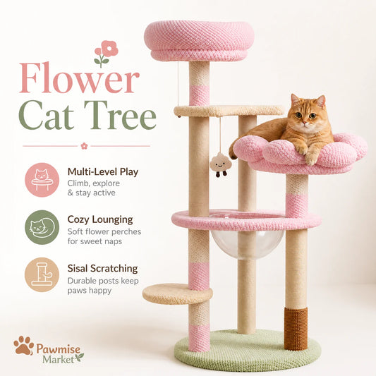 Pink Flower Cat Tree for Indoor Cats, 51.18-Inch Multi-Level Cat Tower with Soft Plush Perches, Clear Acrylic Bowl, Sisal Scratching Posts, Hanging Toy and Climbing Step
