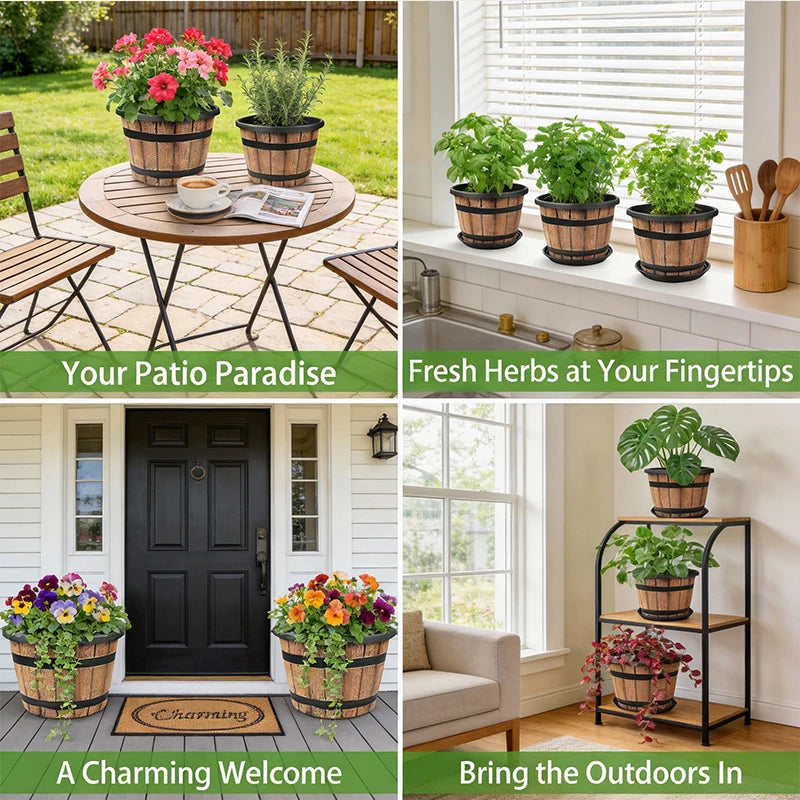 Resin Wooden Barrel Plant Planter For Indoor Balcony Decor