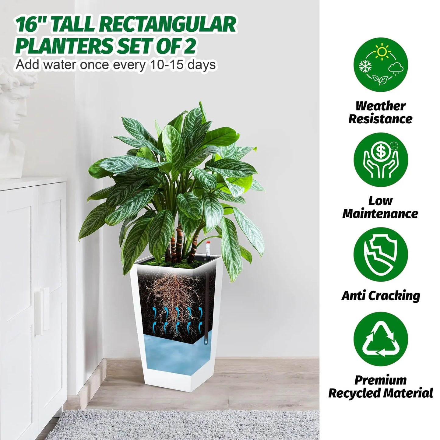HiMISS Self Watering Planters Set Tall Indoor Outdoor