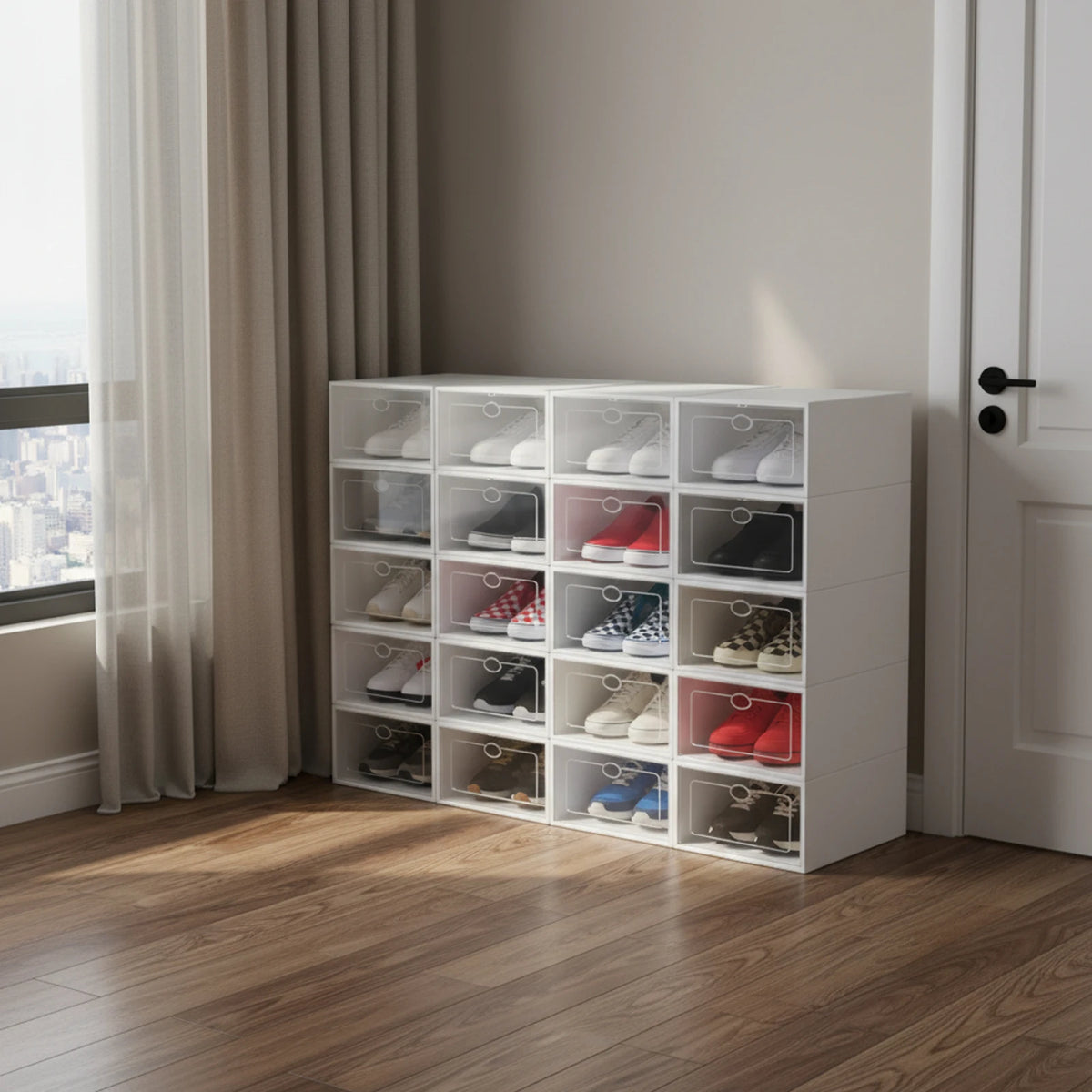 Stackable Foldable Shoe Storage Boxes With Clear Doors