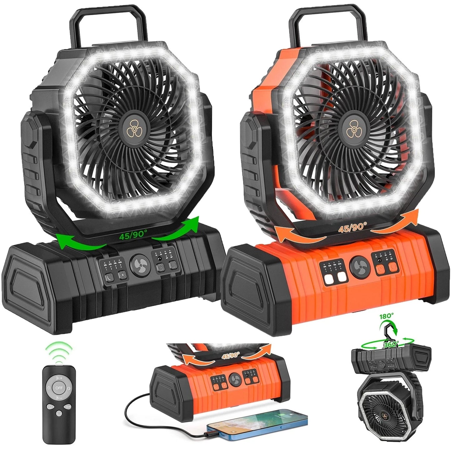 Camping Fan 20000mAh Battery Powered Tent Fan With LED Light
