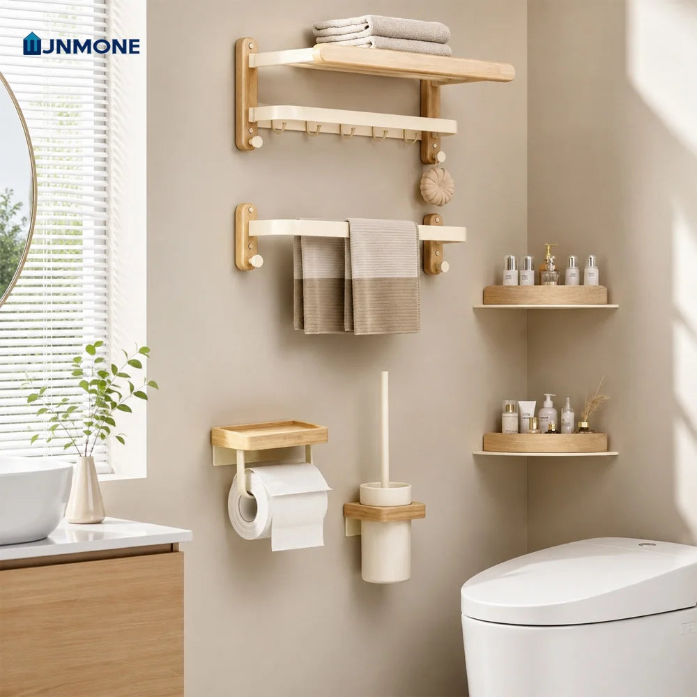 White Walnut Wood Bathroom Hardware Set Towel Rack Organizer Shelf Toilet Brush Holder Wall Mounted Bathroom Accessories Kit