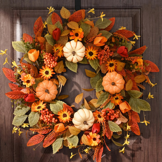 WAIPFARU Artificial Fall Wreath With Pumpkin Decor