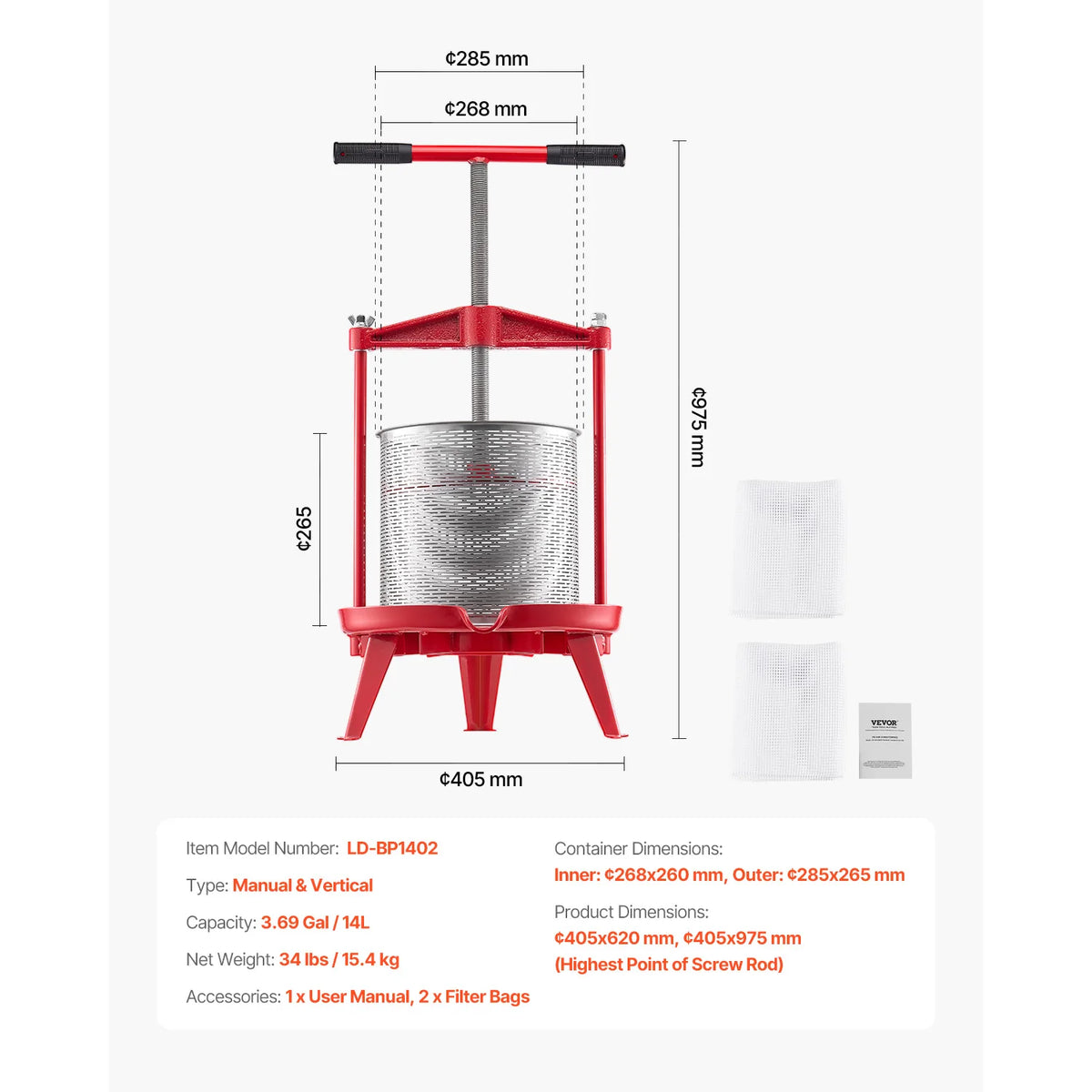 Stainless Steel Manual Fruit Wine Press for Juice Making