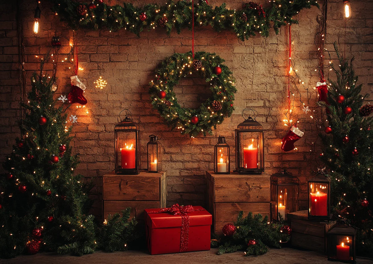 Christmas Background Happy New Year Party Xmas Tree Brick Wall Decoration Adult Children Portrait Photo Backdrop Banner